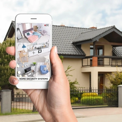 Madison vivint phone display of cctv live feed in front of a house